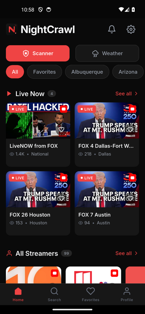 NightCrawl app showing live scanner streams