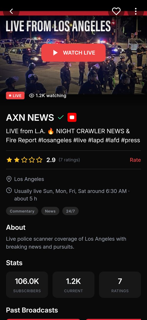 Streamer profile with Watch Live and usual schedule