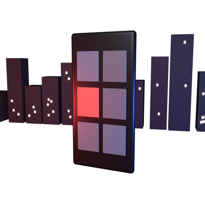 Phone with live tiles over a night skyline